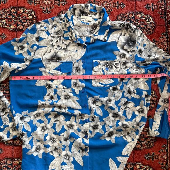 Covet L Azure Blue White Floral Print Long Sleeve Button Front Polyester Blouse - Picture 7 of 8
